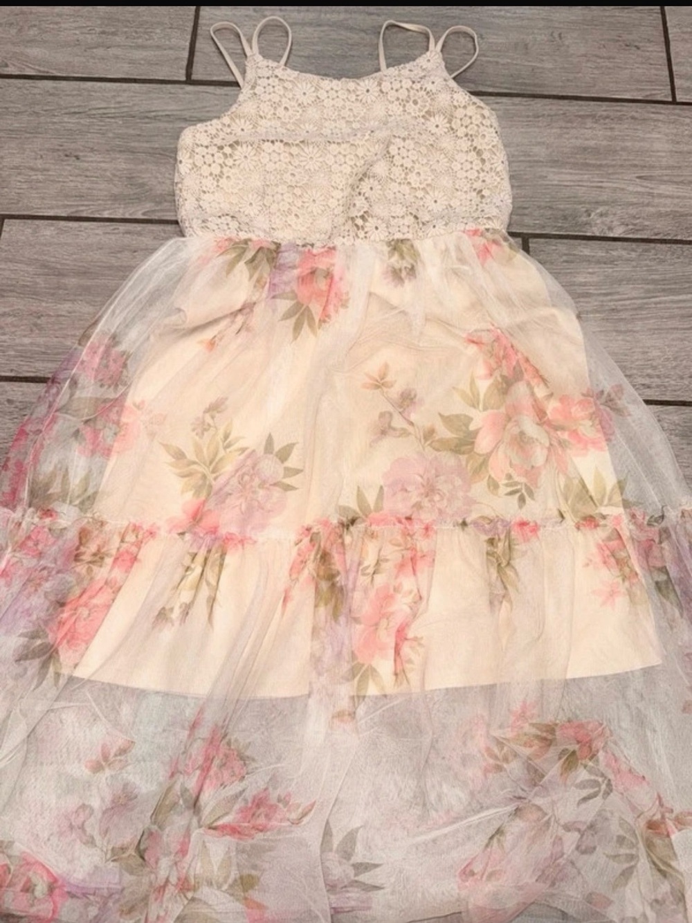 lilt Cream Floral Lace Tulle Dress with Pink Accents
